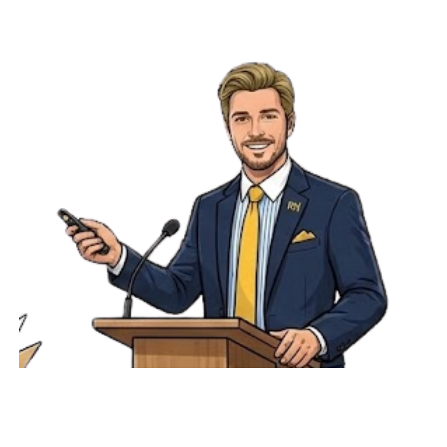 Cartoon portrait of Robin Hoffpauir standing in a yellow tie